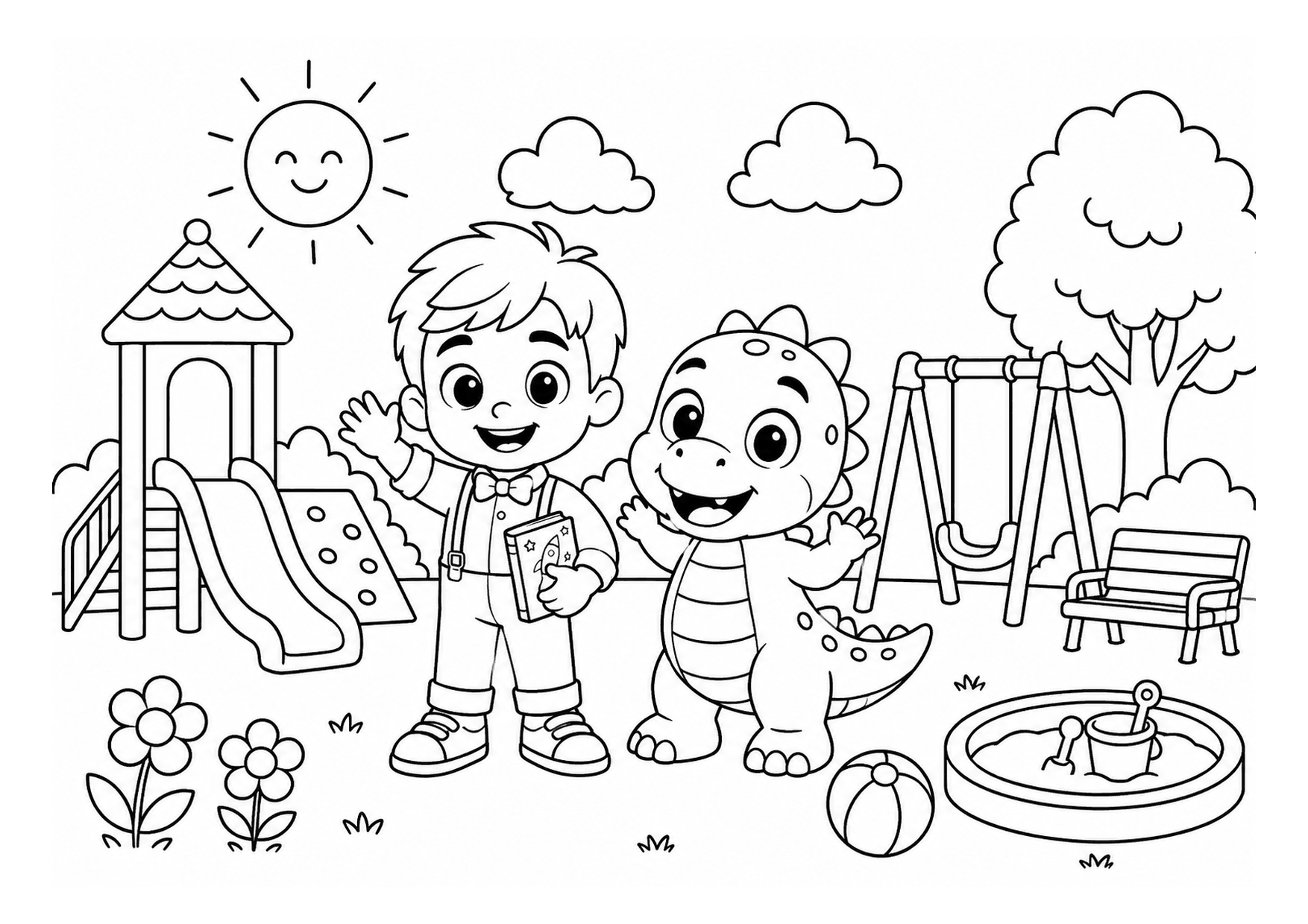 Playground Fun with Leo, black and white printable coloring page, A4