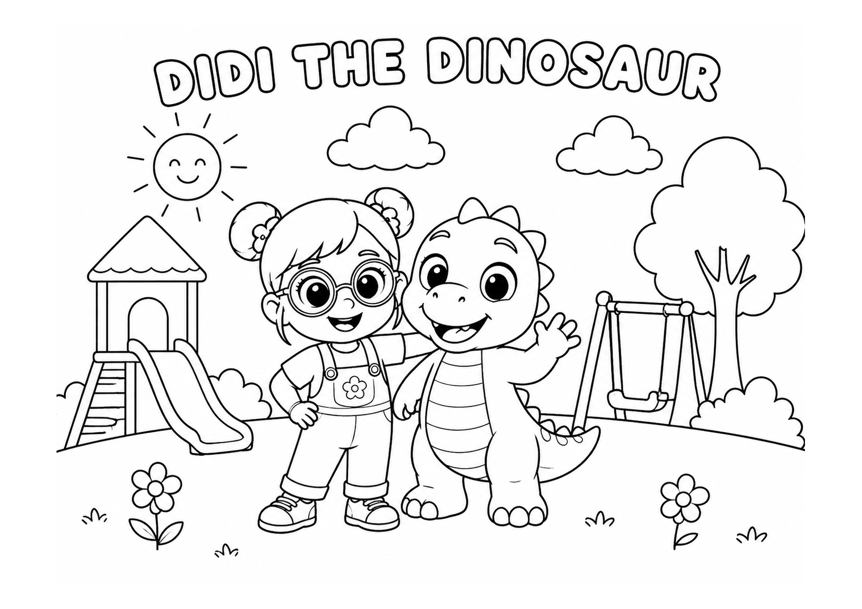 Playground Fun with Mei, black and white printable coloring page, A4