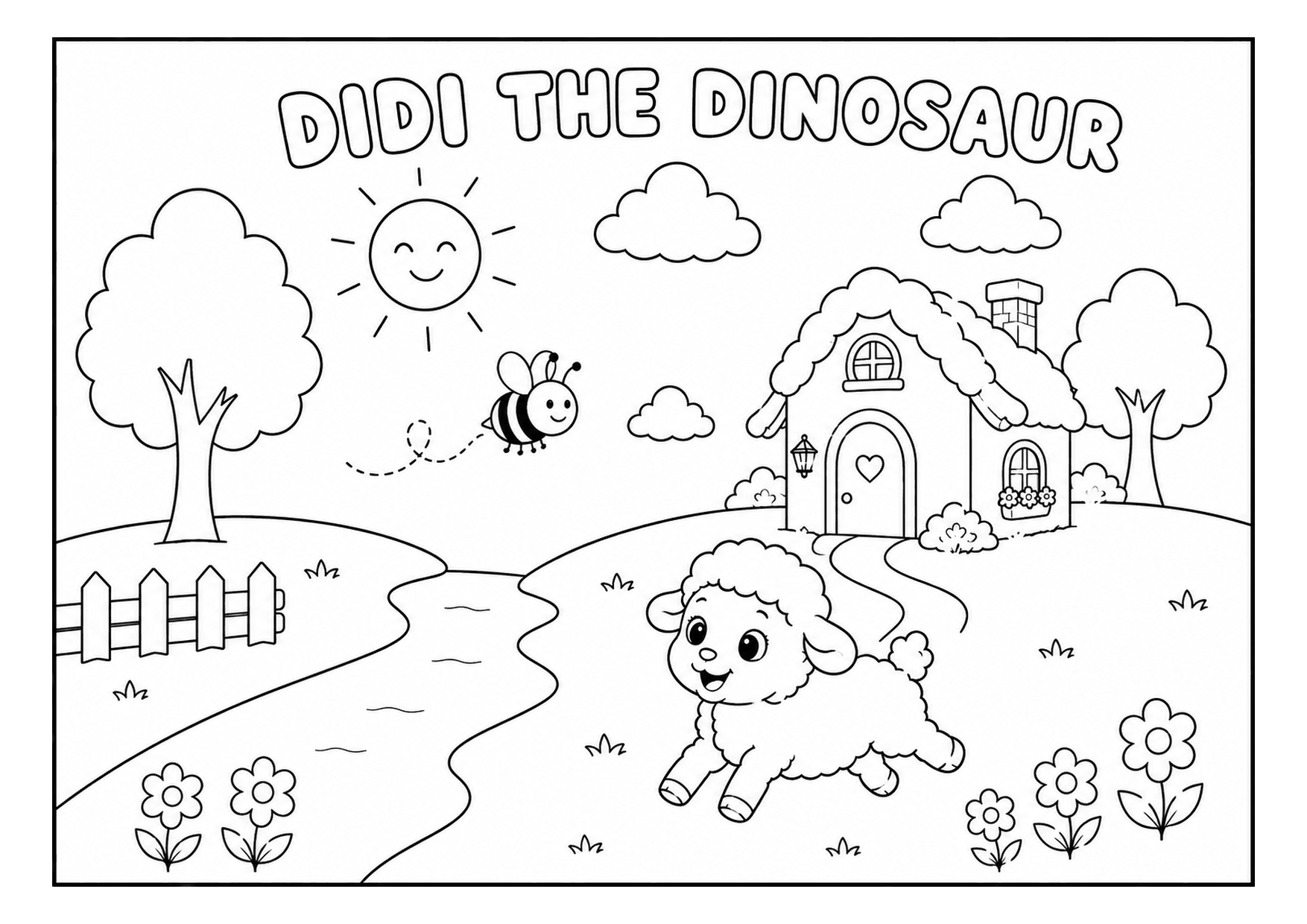 Sheep's Cottage Garden, black and white printable coloring page, A4