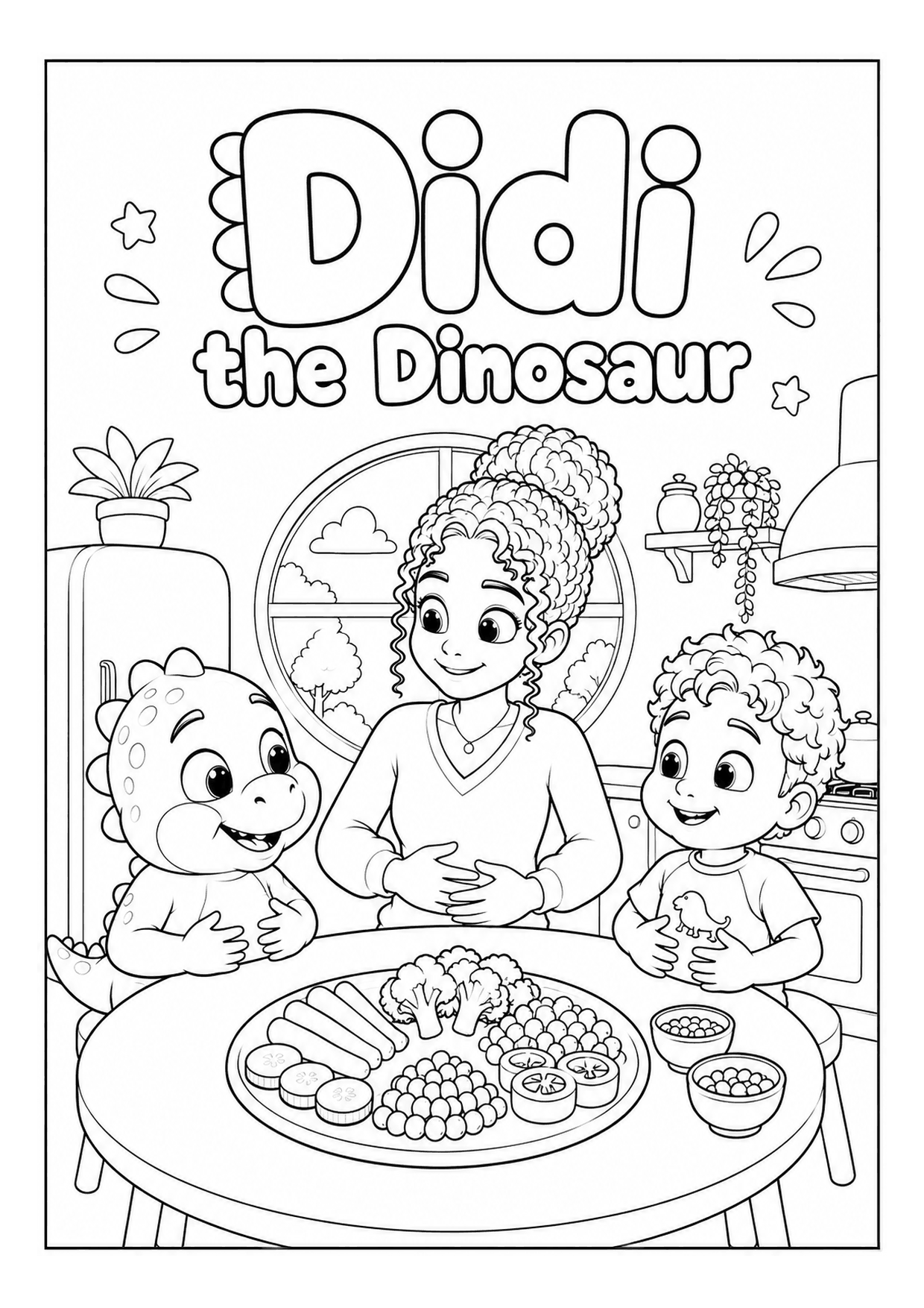 Veggie Dinner Time, black and white printable coloring page, A4