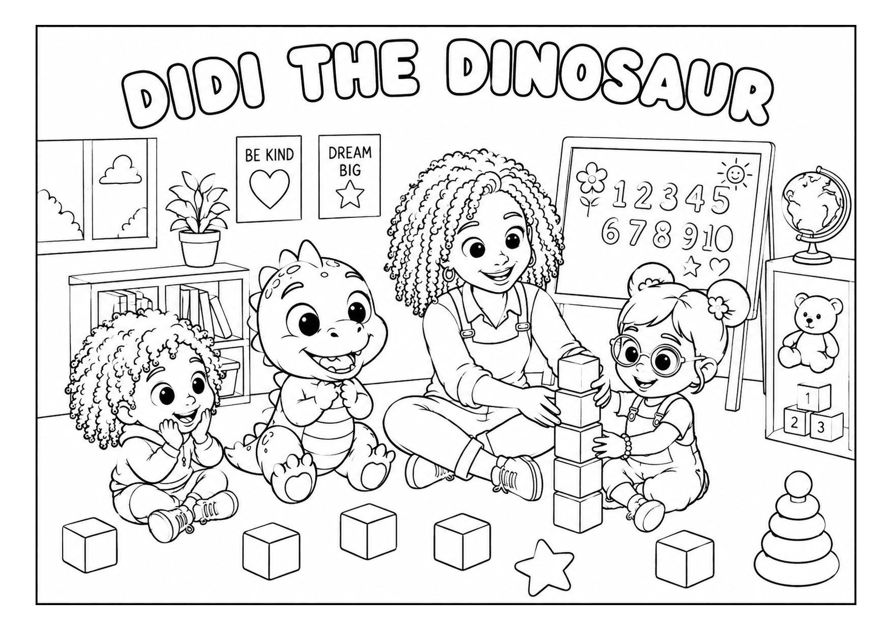 Building Blocks Playtime, black and white printable coloring page, A4