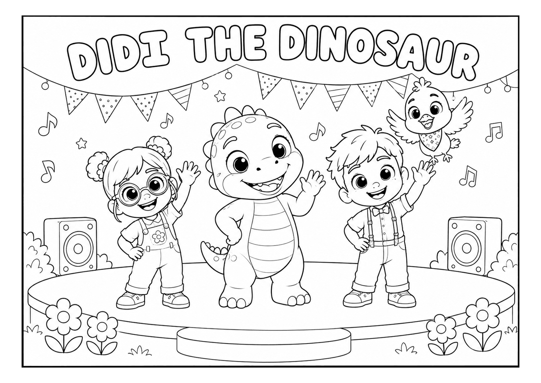 Sing-Along on Stage, black and white printable coloring page, A4