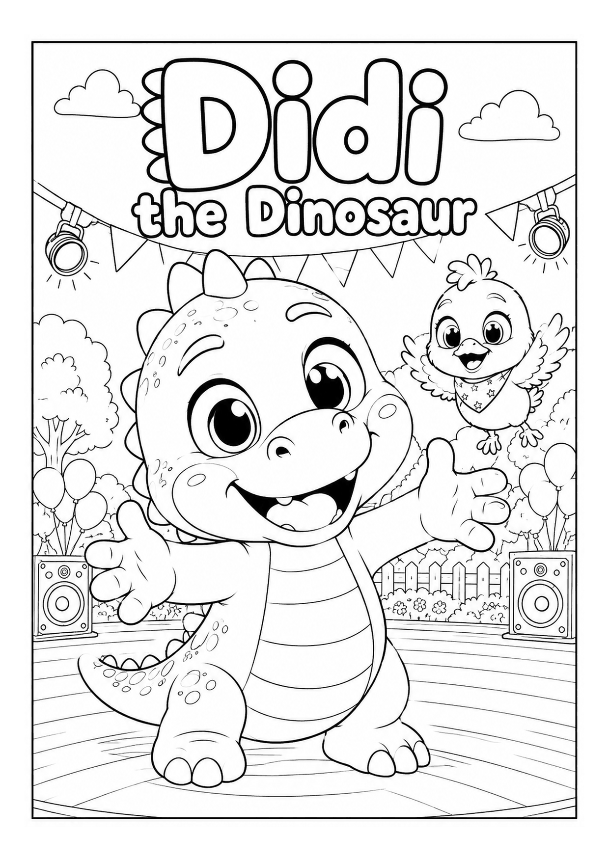 Didi & Pip Dance Party, black and white printable coloring page, A4