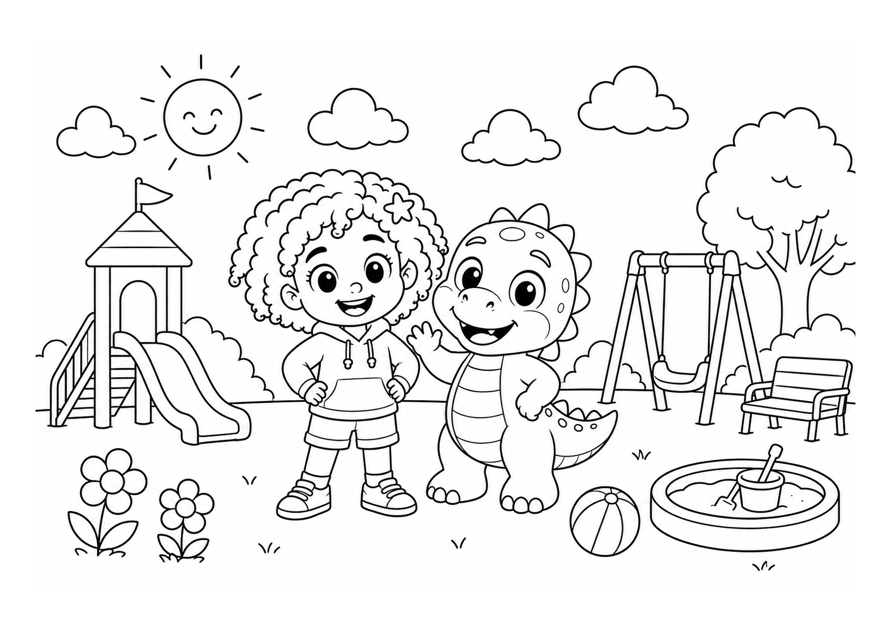 Playground Fun with Lili, black and white printable coloring page, A4