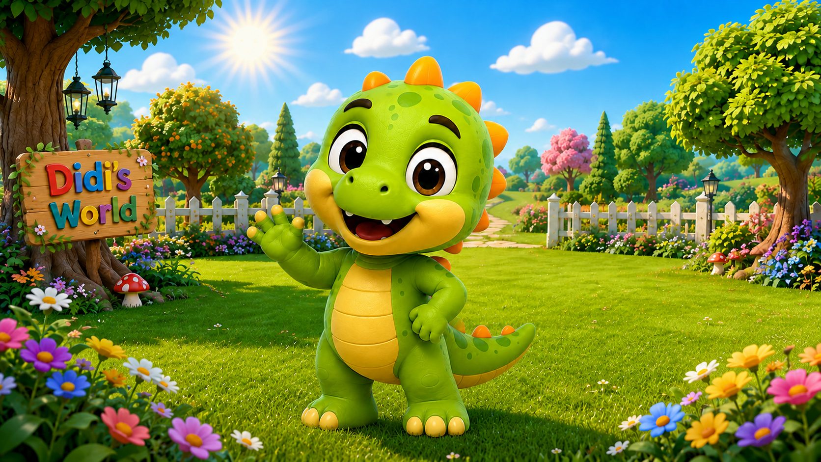 Didi waving in Didi's World, a sunny garden